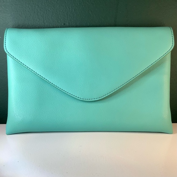J. Crew Leather Tiffany Blue Envelope Clutch Handbag Purse - Picture 4 of 16